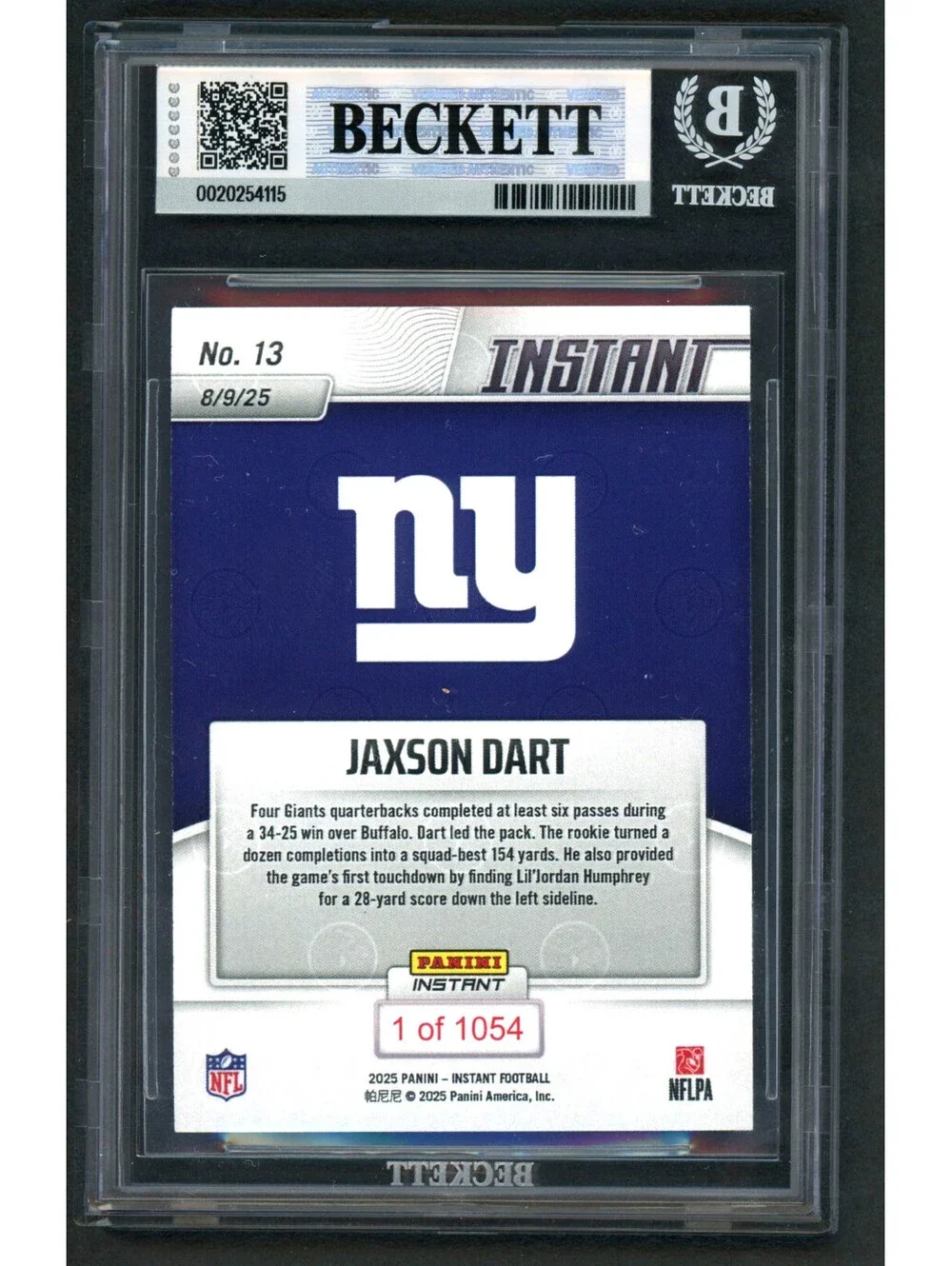 2025 Panini Instant NFL #13 Jaxson Dart Debut Giants Rookie (RC) BGS 9 Mint